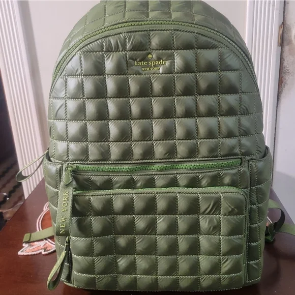 Kate Spade New York Quilted Green Nylon Puffer Mini/Medium Zip Backpack - Picture 3 of 15